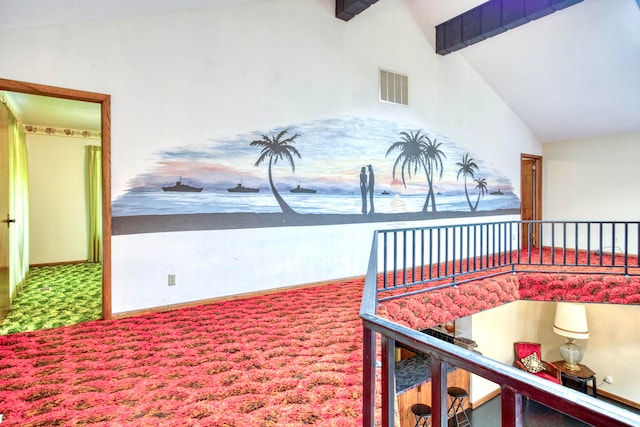 interior space featuring high vaulted ceiling and beam ceiling