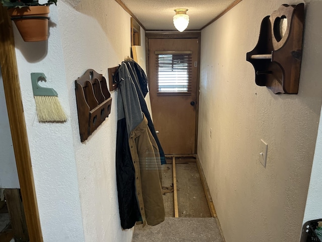 hall with a textured wall, carpet, and a textured ceiling