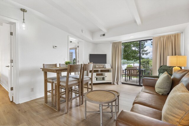 dining space featuring beamed ceiling, wood finished floors, visible vents, and baseboards