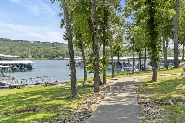 dock area featuring a lawn and a water view