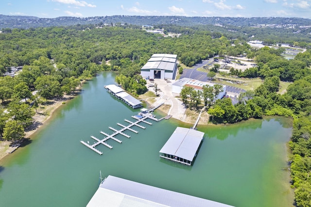 drone / aerial view with a water view and a wooded view