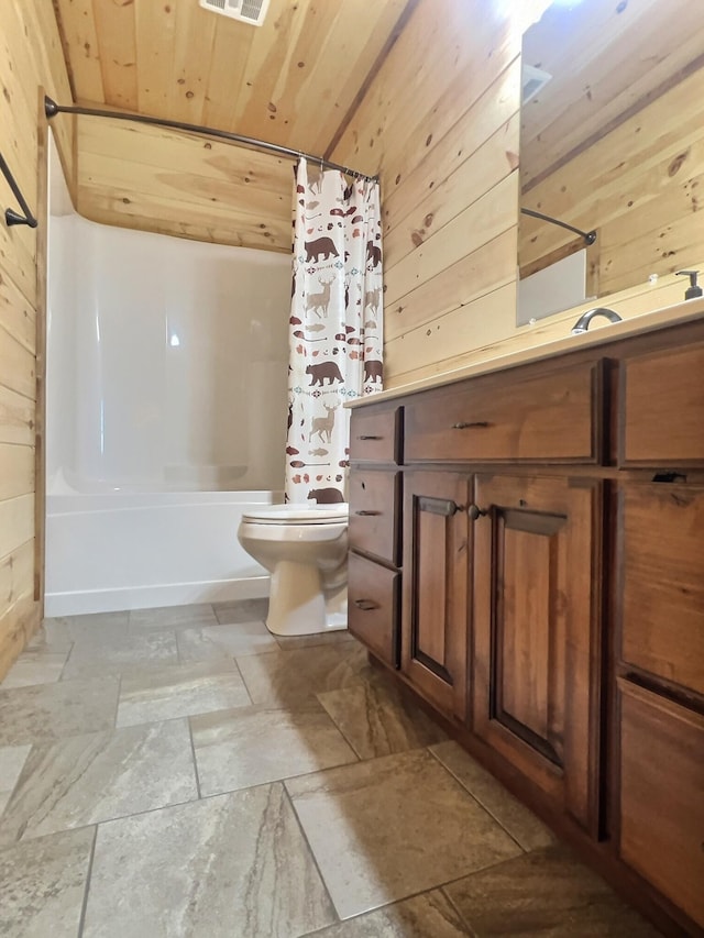 full bathroom with vanity, wood ceiling, wood walls, toilet, and shower / tub combo with curtain