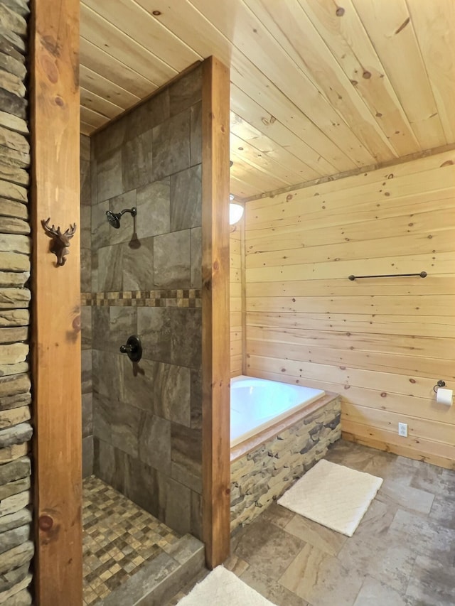 bathroom featuring wooden walls, plus walk in shower, and wooden ceiling