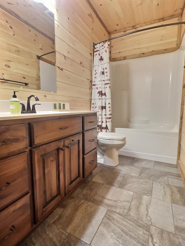 full bathroom with vanity, wood walls, shower / bathtub combination with curtain, wooden ceiling, and toilet