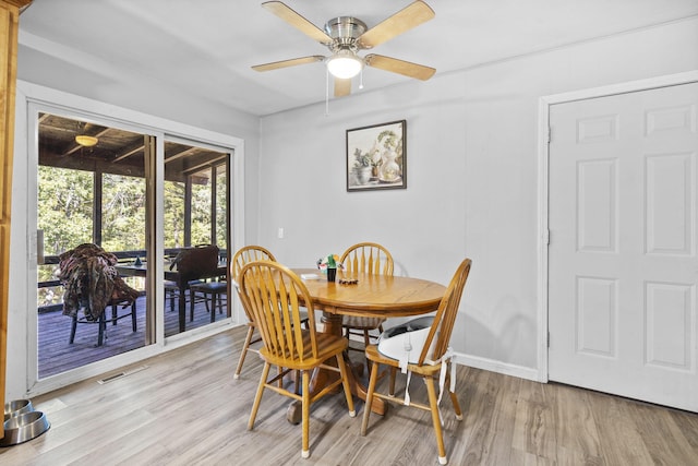 dining area with light wood-type flooring, baseboards, visible vents, and a ceiling fan