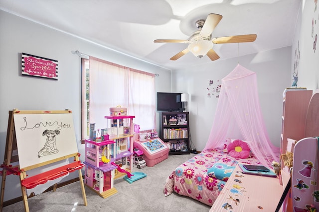 carpeted bedroom with ceiling fan