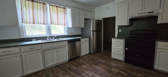 kitchen with dark hardwood / wood-style floors, stainless steel appliances, sink, extractor fan, and white cabinetry