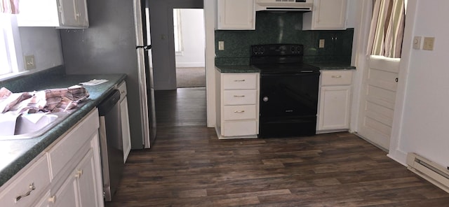 kitchen featuring black range with electric stovetop, white cabinets, dark wood-type flooring, and stainless steel dishwasher