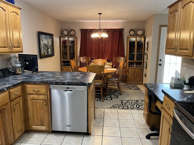 1316 E 476th Rd, Bolivar, MO 65613 - kitchen featuring stainless steel dishwasher, a peninsula, dark countertops, and light tile patterned floors