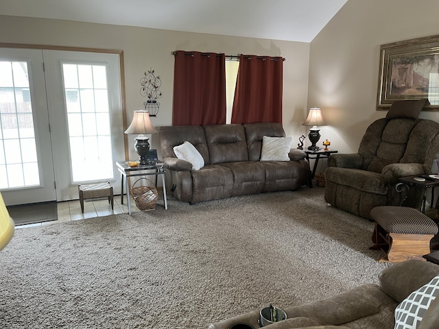 1316 E 476th Rd, Bolivar, MO 65613 - tiled living room with vaulted ceiling and carpet floors