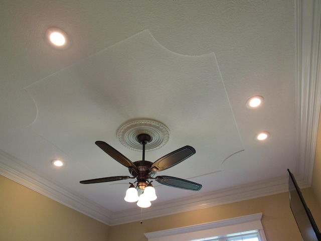 room details featuring ornamental molding and ceiling fan