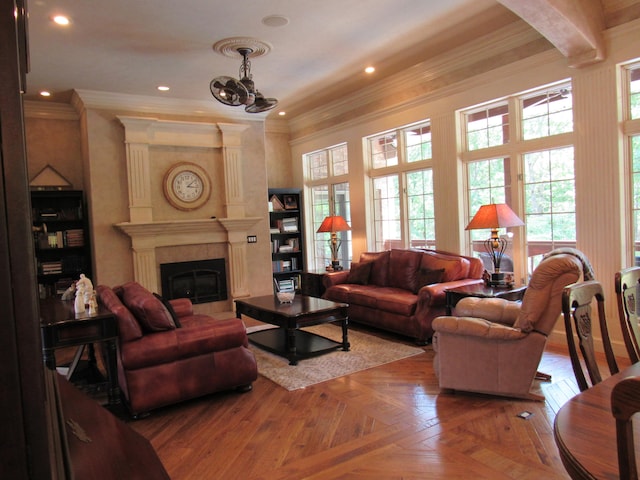 living room featuring crown molding and light parquet flooring