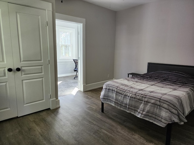 bedroom with a closet and dark hardwood / wood-style flooring