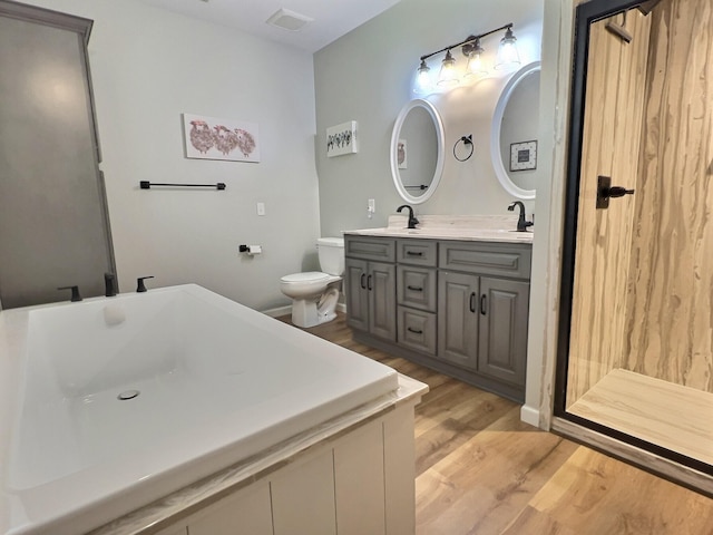 bathroom with wood-type flooring, vanity, and toilet