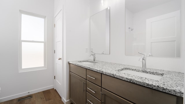 bathroom with hardwood / wood-style flooring and vanity