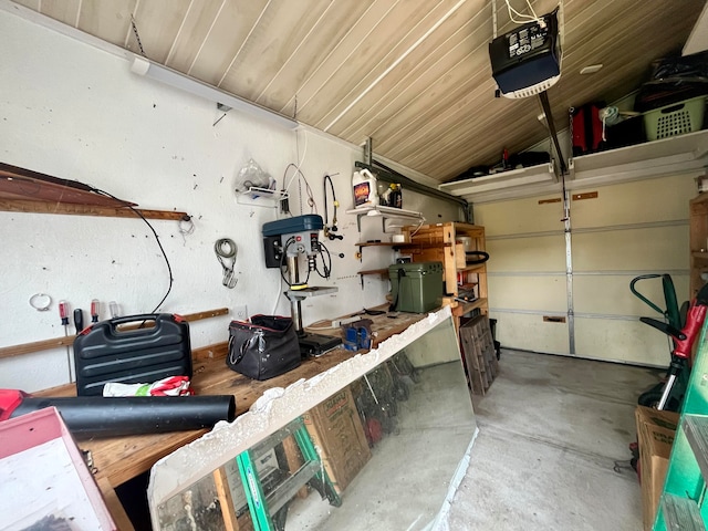 garage featuring a garage door opener and a workshop area