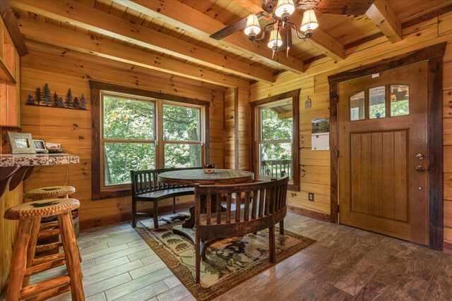 dining room with dark wood-style flooring, wood ceiling, and wooden walls