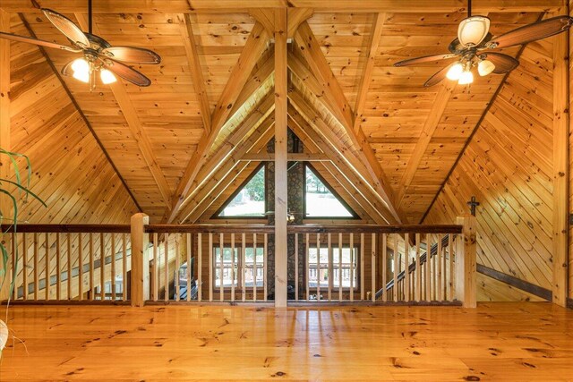 additional living space with vaulted ceiling with beams, ceiling fan, wooden ceiling, wooden walls, and wood-type flooring