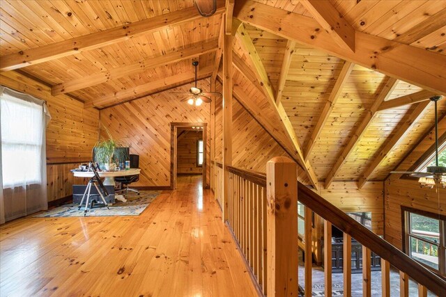 interior space featuring lofted ceiling with beams, light wood-style floors, wooden ceiling, and a wealth of natural light