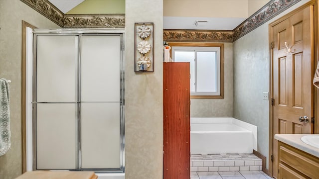 3166 W Seminole St, Springfield, MO 65807 - full bathroom with a bath, a shower with door, vanity, and tile patterned floors