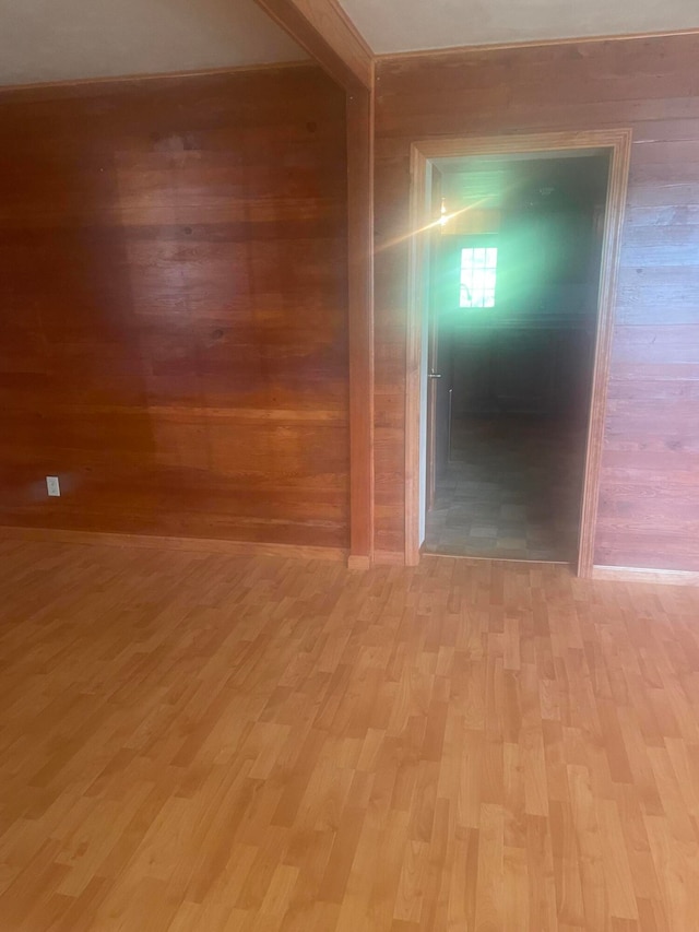 interior space with wooden walls and light hardwood / wood-style flooring