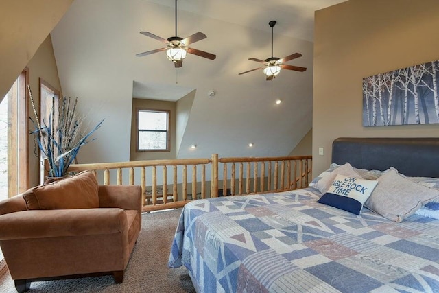 bedroom featuring high vaulted ceiling, ceiling fan, and carpet