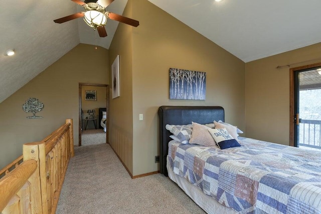 bedroom featuring ceiling fan, light carpet, and vaulted ceiling