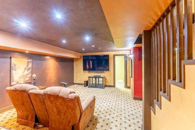 home theater featuring light carpet