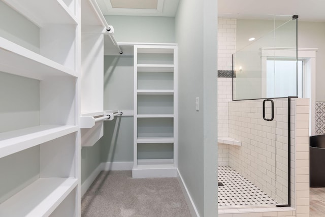 spacious closet featuring light carpet