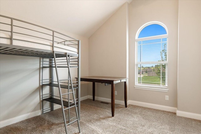 bedroom featuring carpet and high vaulted ceiling