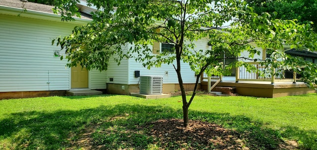 view of yard with a wooden deck and cooling unit