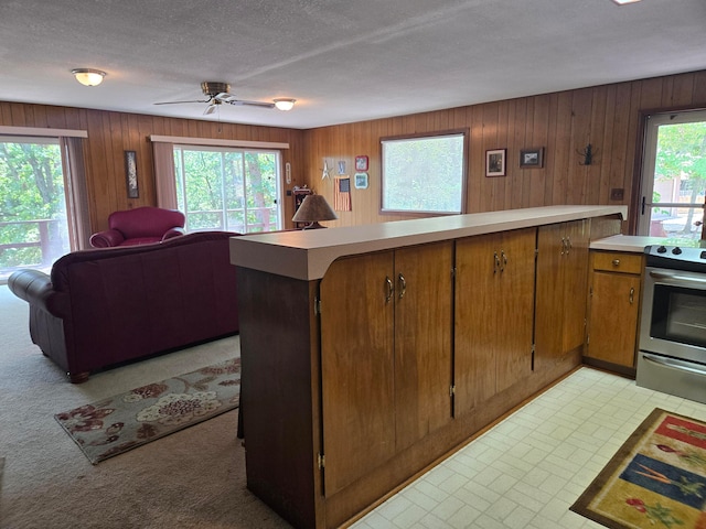 kitchen with wood walls, stainless steel electric range oven, a wealth of natural light, and a textured ceiling