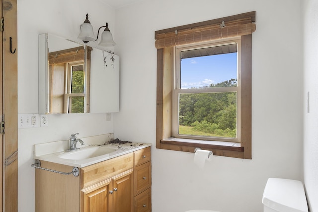 bathroom with plenty of natural light, vanity, and toilet