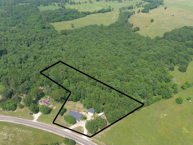 bird's eye view with a wooded view