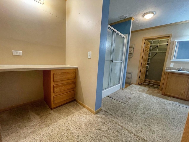 bathroom with baseboards, vanity, a shower stall, and a walk in closet