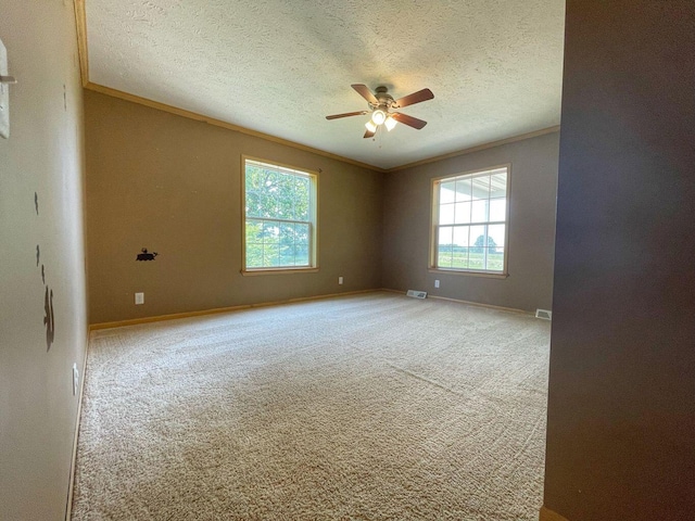 carpeted empty room with plenty of natural light, ceiling fan, ornamental molding, and a textured ceiling