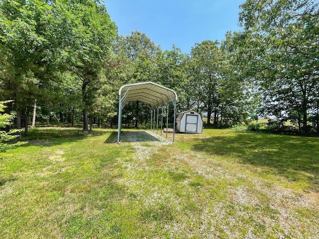 view of yard with an outdoor structure, driveway, a shed, and a carport