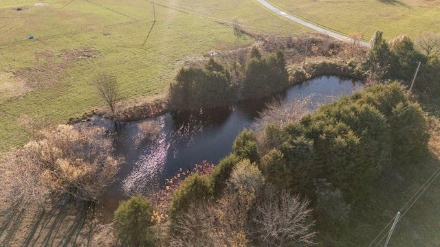 bird's eye view featuring a rural view and a water view