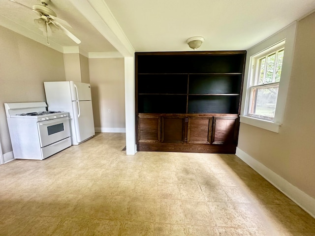 kitchen with ceiling fan and white appliances