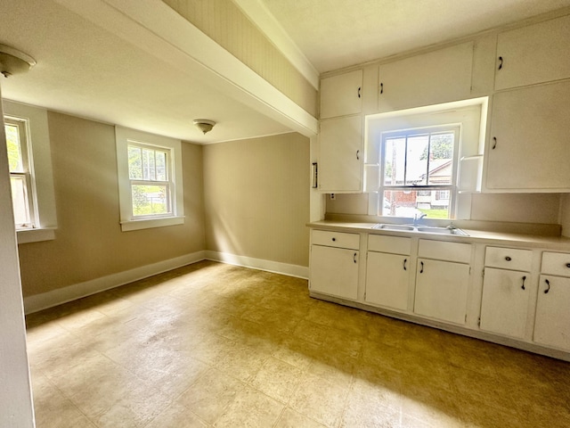 kitchen with light countertops, baseboards, a sink, and white cabinetry
