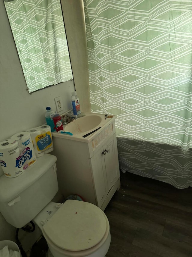 bathroom featuring toilet, vanity, and wood-type flooring