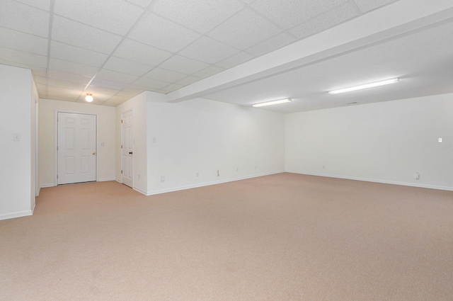 spare room with a paneled ceiling and light colored carpet