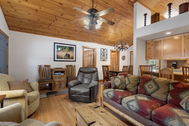 living room with ceiling fan with notable chandelier, light wood-type flooring, high vaulted ceiling, and wooden ceiling