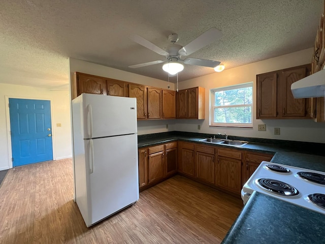 kitchen with ceiling fan, sink, white appliances, a textured ceiling, and light hardwood / wood-style floors