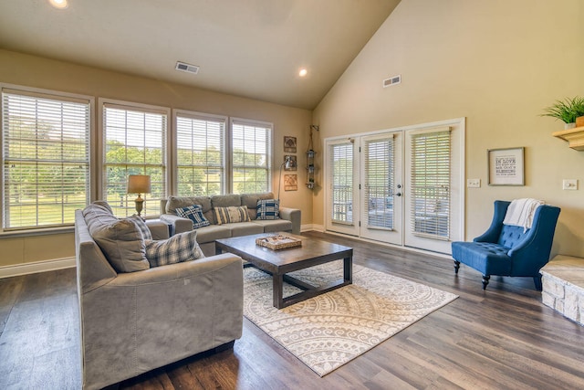 living room featuring dark wood-type flooring and high vaulted ceiling