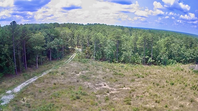drone / aerial view featuring a forest view