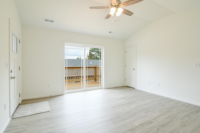 unfurnished room featuring lofted ceiling, light hardwood / wood-style flooring, and ceiling fan