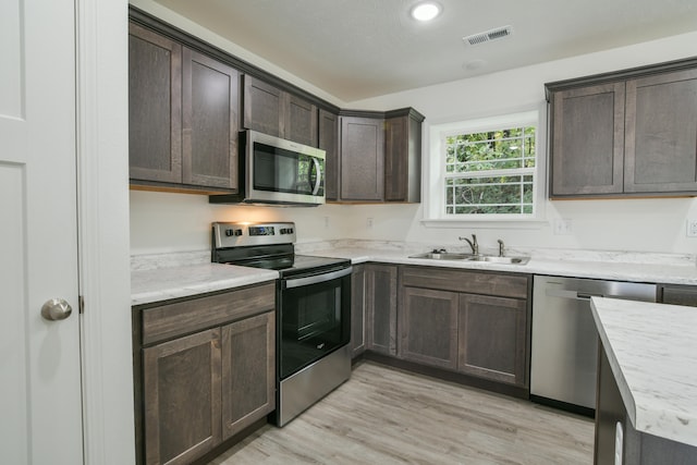 kitchen with dark brown cabinetry, appliances with stainless steel finishes, sink, and light wood-type flooring