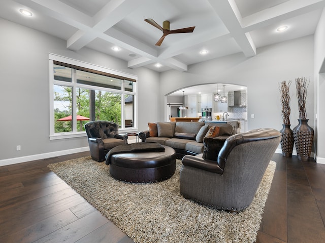 living room with coffered ceiling, beamed ceiling, and dark hardwood / wood-style floors