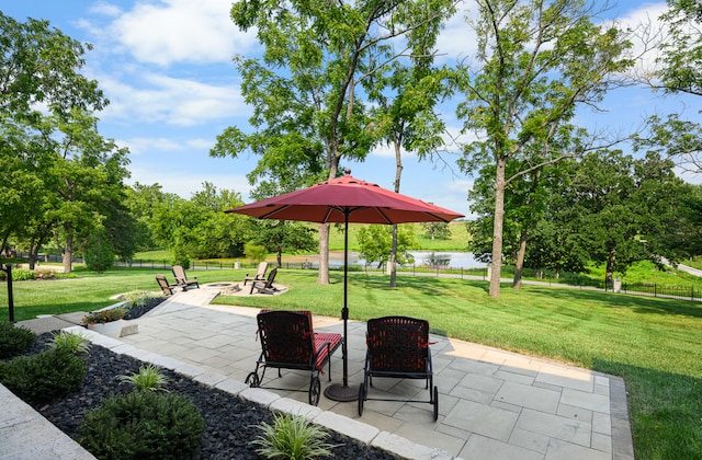 view of patio featuring a water view